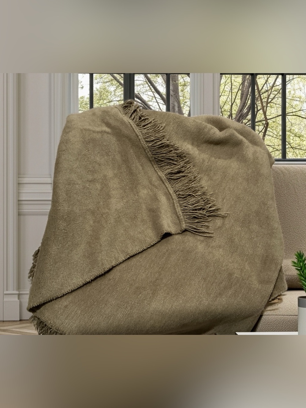Cozy Olive-Tone Fringe Throw Blanket